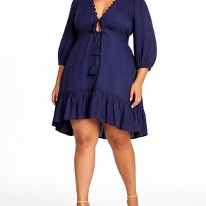 City Chic Dress 20 Blue Linen Blend Mini Fringe Tassel V Neckline Boho Resort